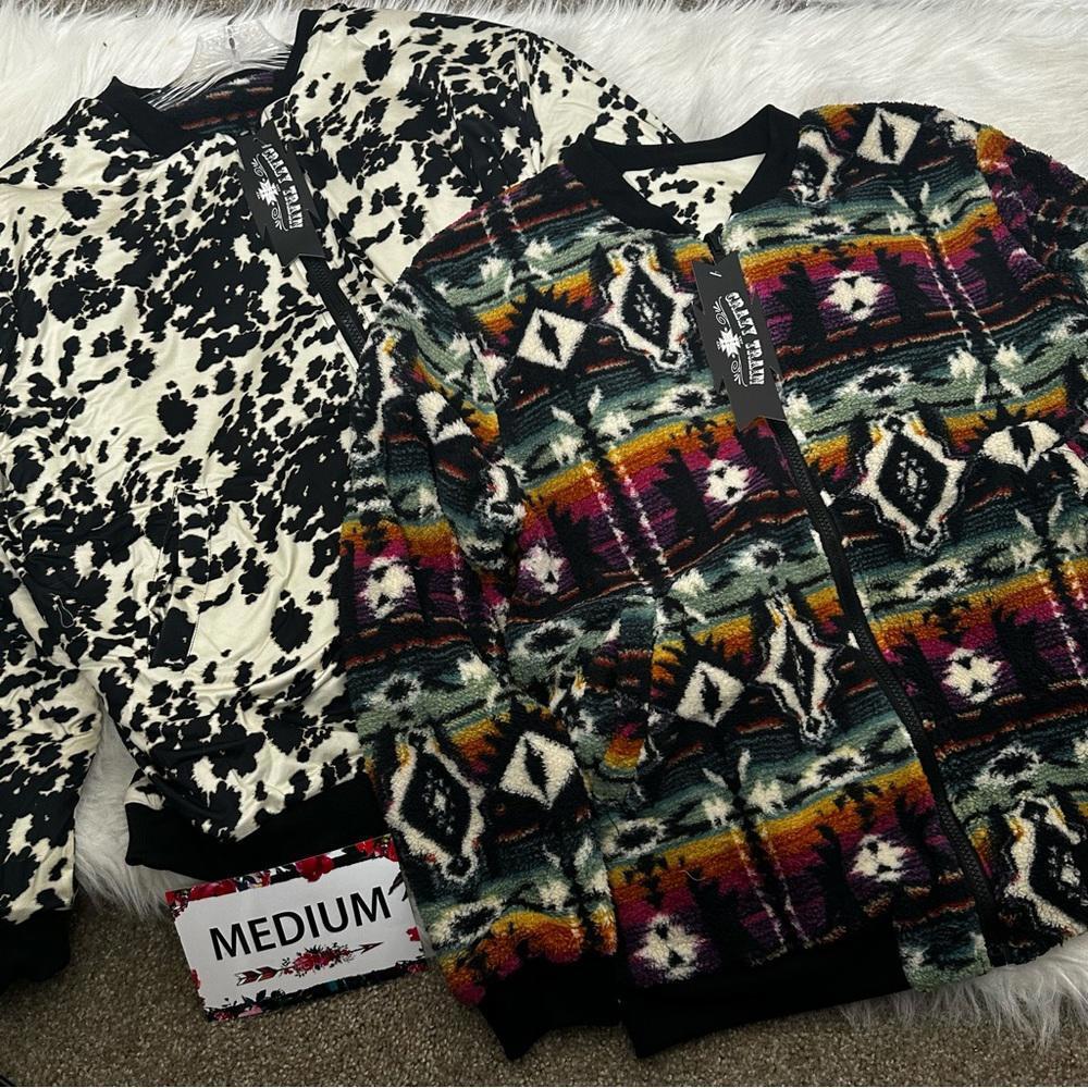 Crazy Train Med. Reversible Fleece Jacket Aztec & Cow Print